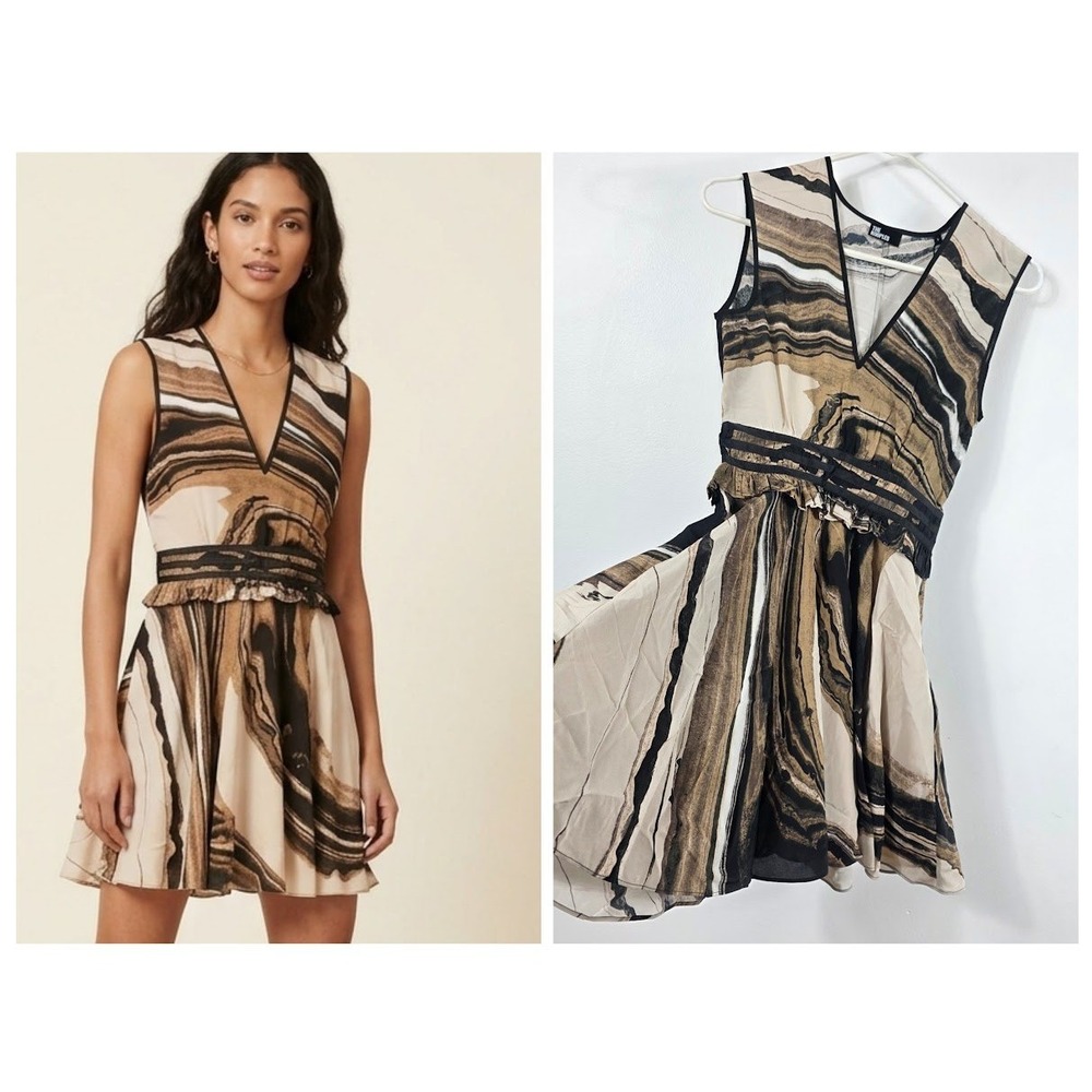 The Kooples Marble Swirl Print Silk Dress Women Size 0 Abstract V-Neck Ruffle